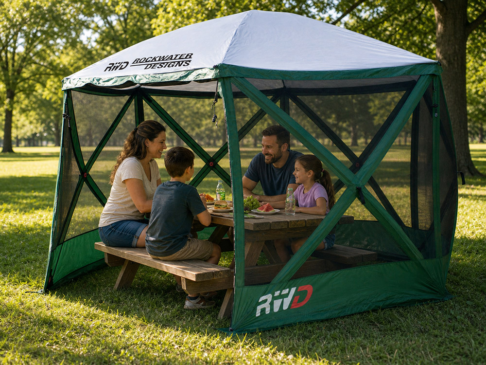 Family screen shelter over picnic table at a campsite