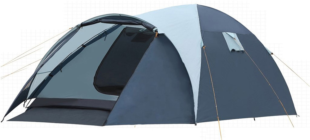 Blue dome camping tent with front awning and rain fly