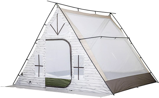 White A-frame style camping tent with clear side panels