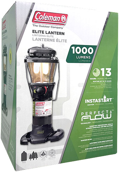 Coleman Elite Lantern box showing 1000 lumens and 13 hour runtime
