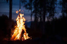 Tall campfire burning in a wooded campsite at night