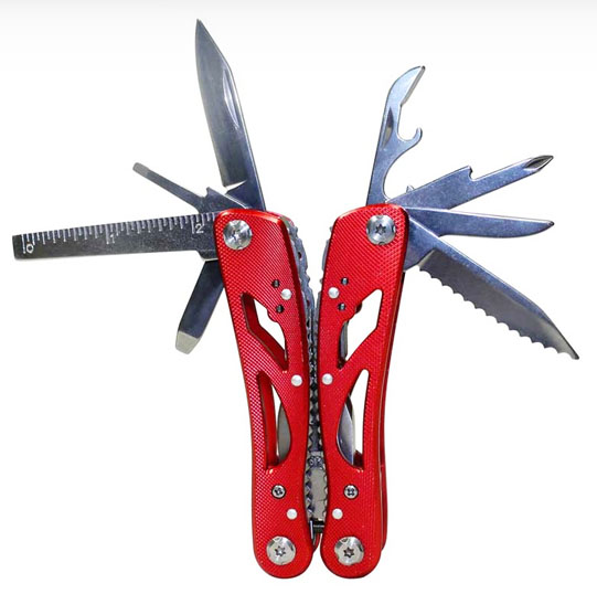 Red multi-tool pocket knife with blades, saw and camping tools open