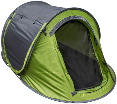 Green pop-up tent open for fast camping setup