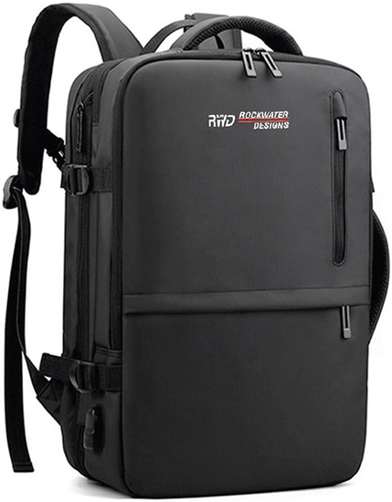 Rockwater Designs black backpack for travel school and outdoor use