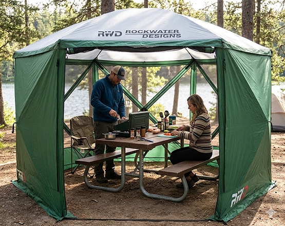 Rockwater Designs screen tent with rain flaps at a campsite