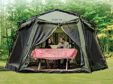 Screen gazebo with bug mesh and rain flaps for campsite dining