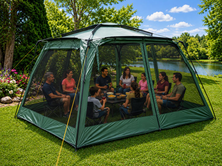 Family-size screen tent used as a sheltered outdoor eating area