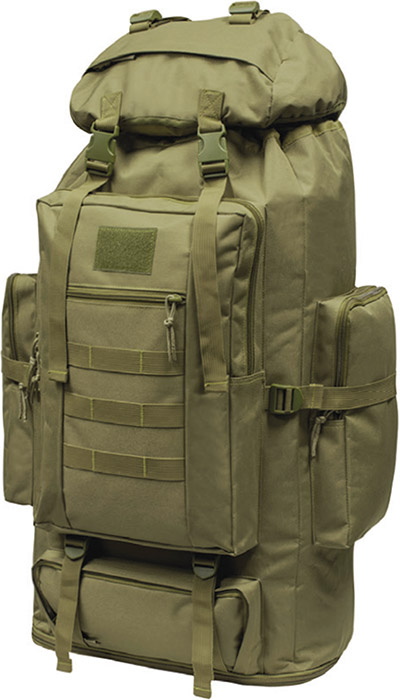 Large olive green camping backpack with multiple straps and storage pockets